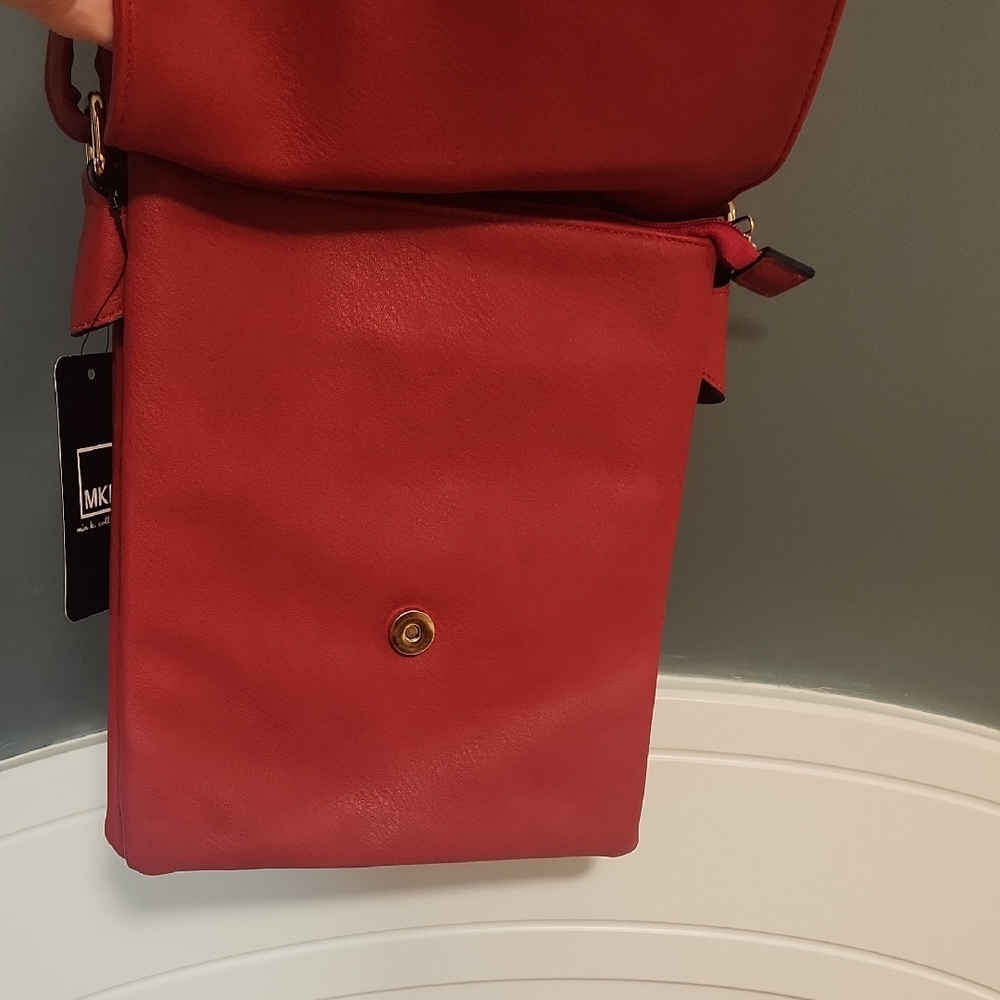 Red Crossbody Shoulder Bag with Gold Accents - Picture 3 of 6